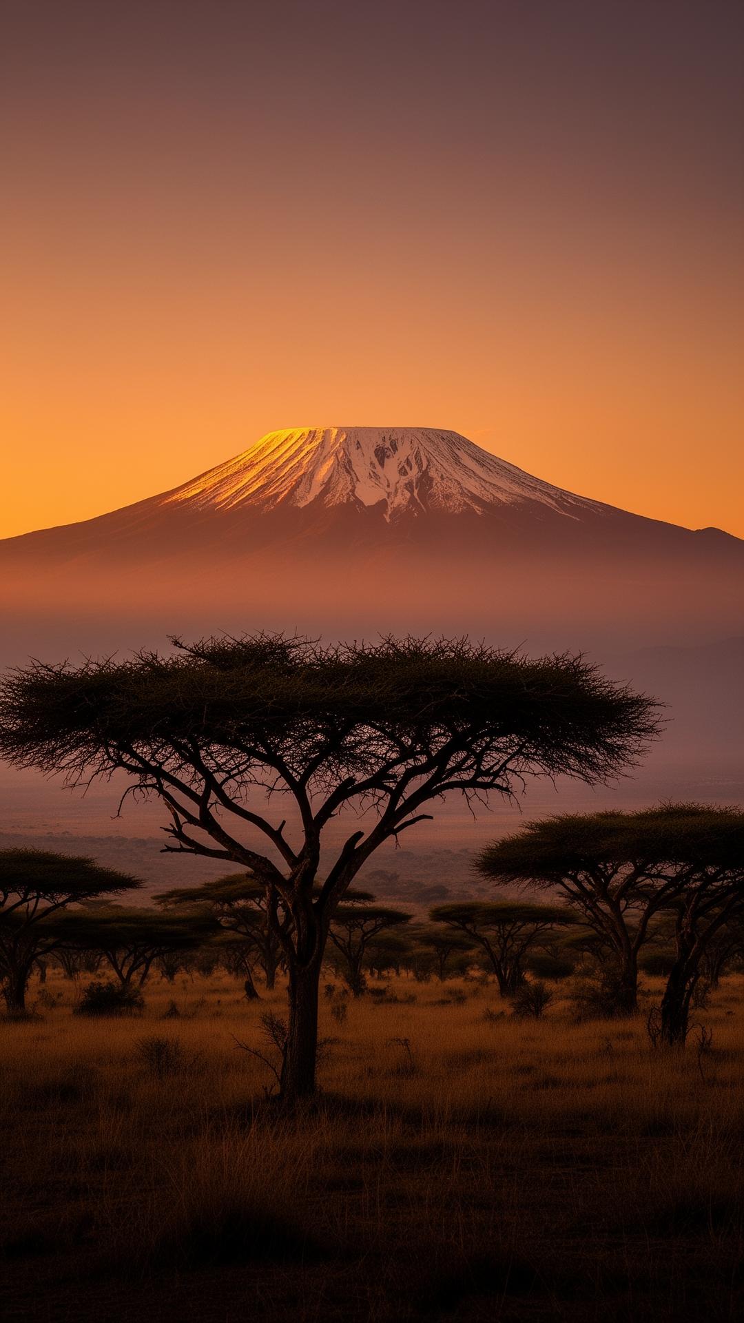 Mount Kilimanjaro at sunrise — snow-capped summit above the savanna